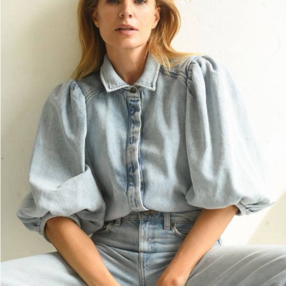 Zara Light Blue Puff-Sleeve Denim Shirt - Women Jeans High Rise